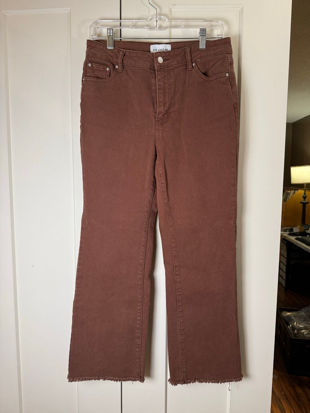 En Creme Brown Cropped Straight Jeans M Raw Frayed Hem Stretch Denim